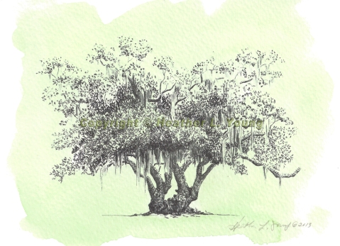 Lover's Oak Tree Fine Art Print Watercolor Pen and Ink Drawing